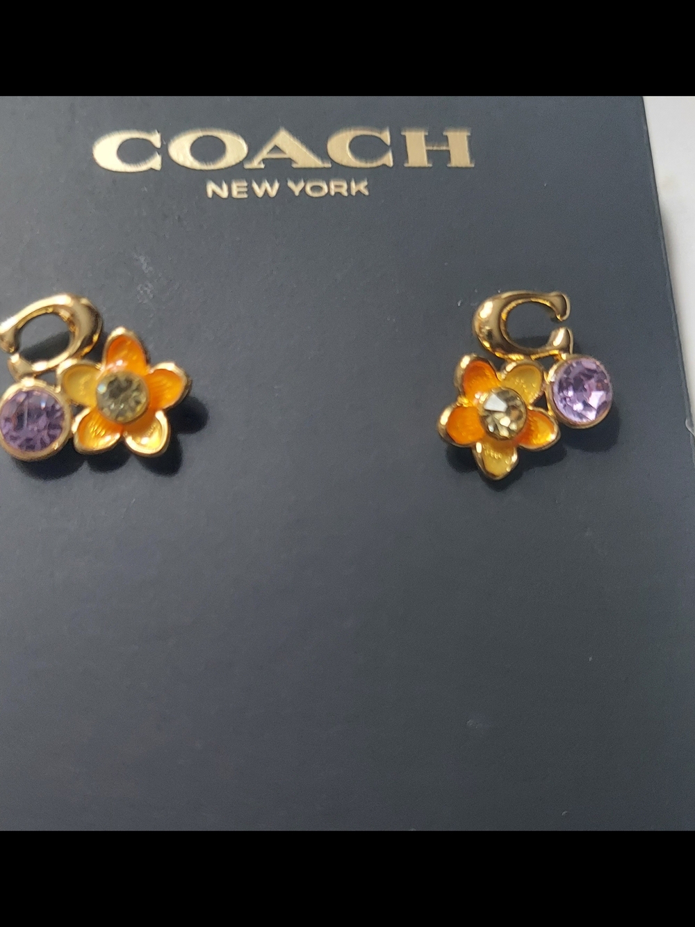 Coach Gold-Tone Orange Enamel Flower Earrings with Purple Crystals - Picture 3 of 3